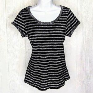 I JEANS by BUFFALO Black Metallic Stripes Scoop Neck Short Sleeve T-Shirt